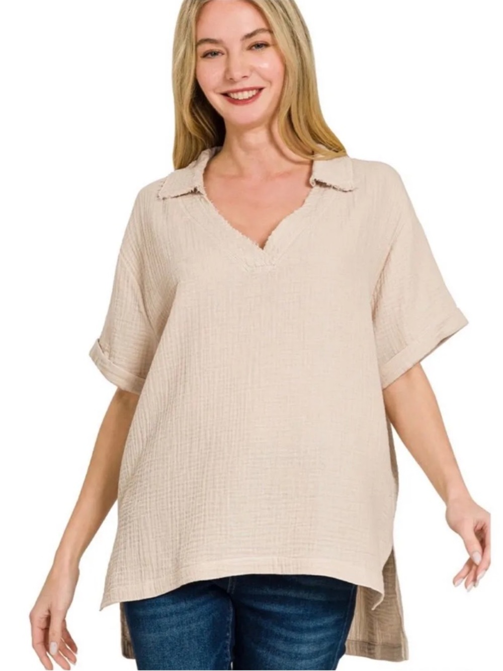NWOT Zenana Double Cotton Gauze Short Sleeve High-Low Top Size M